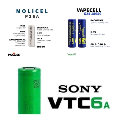 ￼Original Sony VTC6A Battery 18650, Molicel 18650, Vapcell G24, Vapcell 18350, Efest 18650